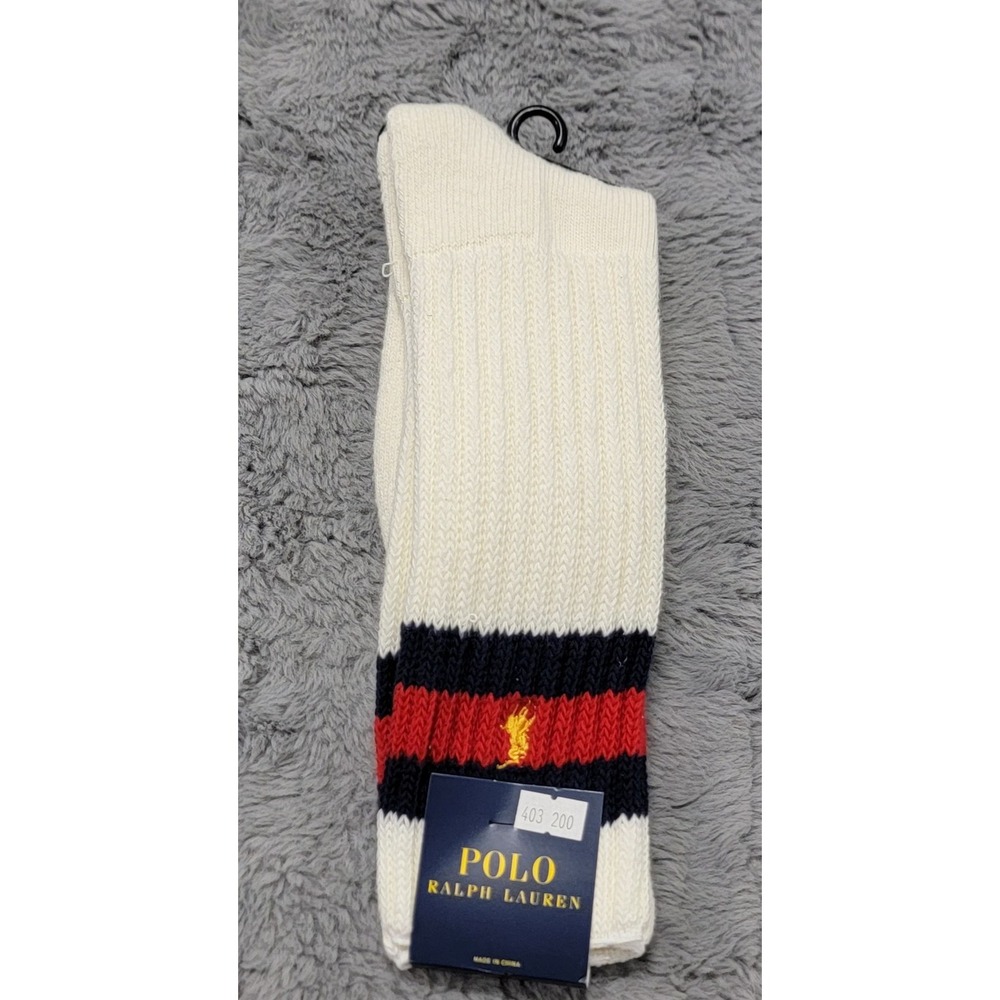 Polo Ralph Lauren Socks Mens 10-13 White Navy Red Stripe Ribbed Knit Pony Crew